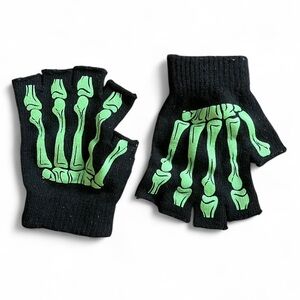 Black Fingerless Gloves with Green Skeleton glow in the dark Design